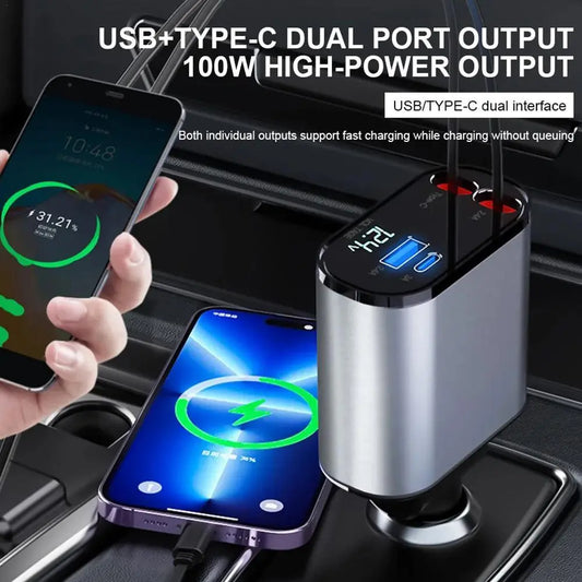 100w 4 IN 1 Retractable Car Charger USB Type C Cable For IPhone Huawei Samsung Fast Charge Cord Cigarette Lighter Adapter