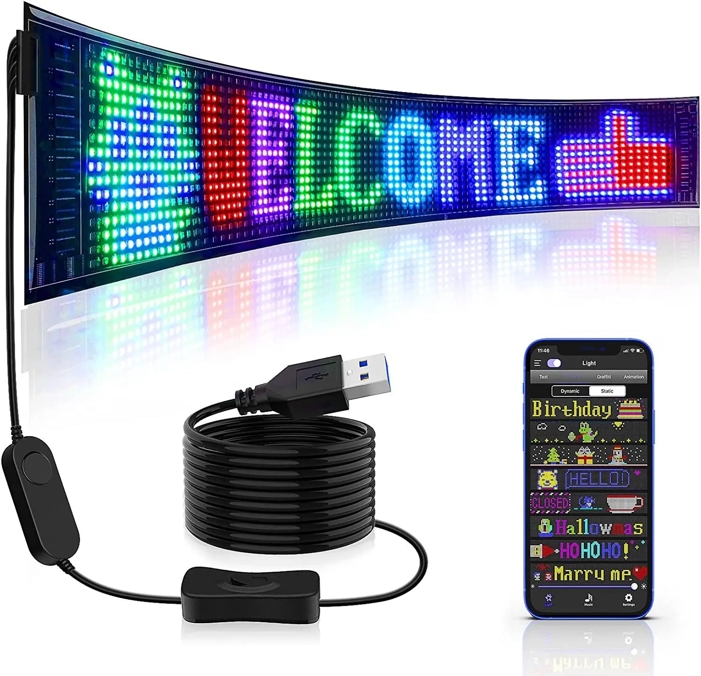 RGB Pattern Graffiti Scrolling Text Animation Display Car Shop,Bluetooth APP