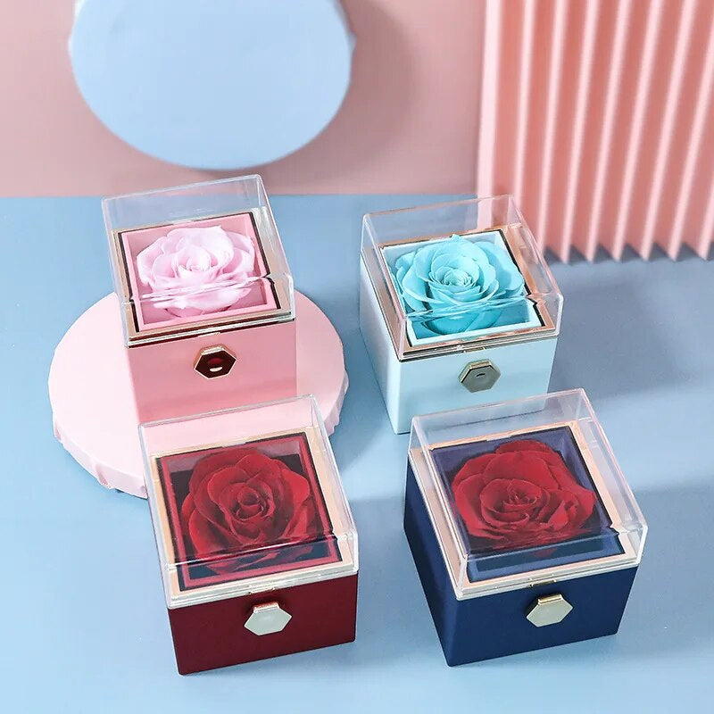 2023 New Valentine Eternal Rose Jewelry Ring Box Rotate Wedding Pendant Necklace Storage Case for Women Girlfriend Christmasgift