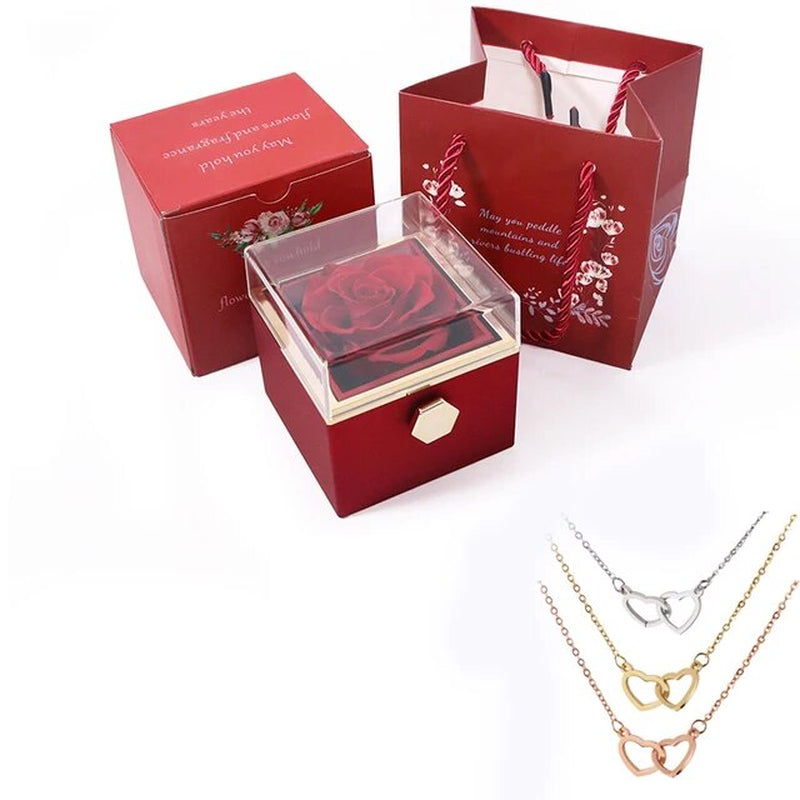 2023 New Valentine Eternal Rose Jewelry Ring Box Rotate Wedding Pendant Necklace Storage Case for Women Girlfriend Christmasgift