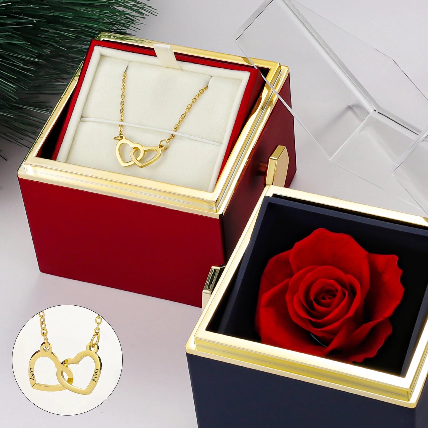 2023 New Valentine Eternal Rose Jewelry Ring Box Rotate Wedding Pendant Necklace Storage Case for Women Girlfriend Christmasgift